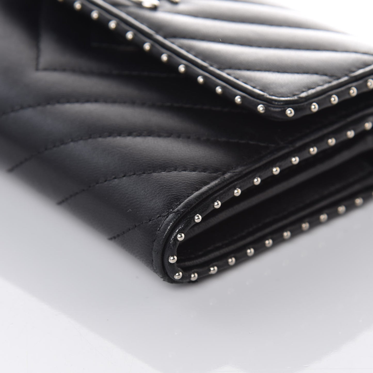 Lambskin Chevron Quilted Studded Clutch With Chain WOC Black