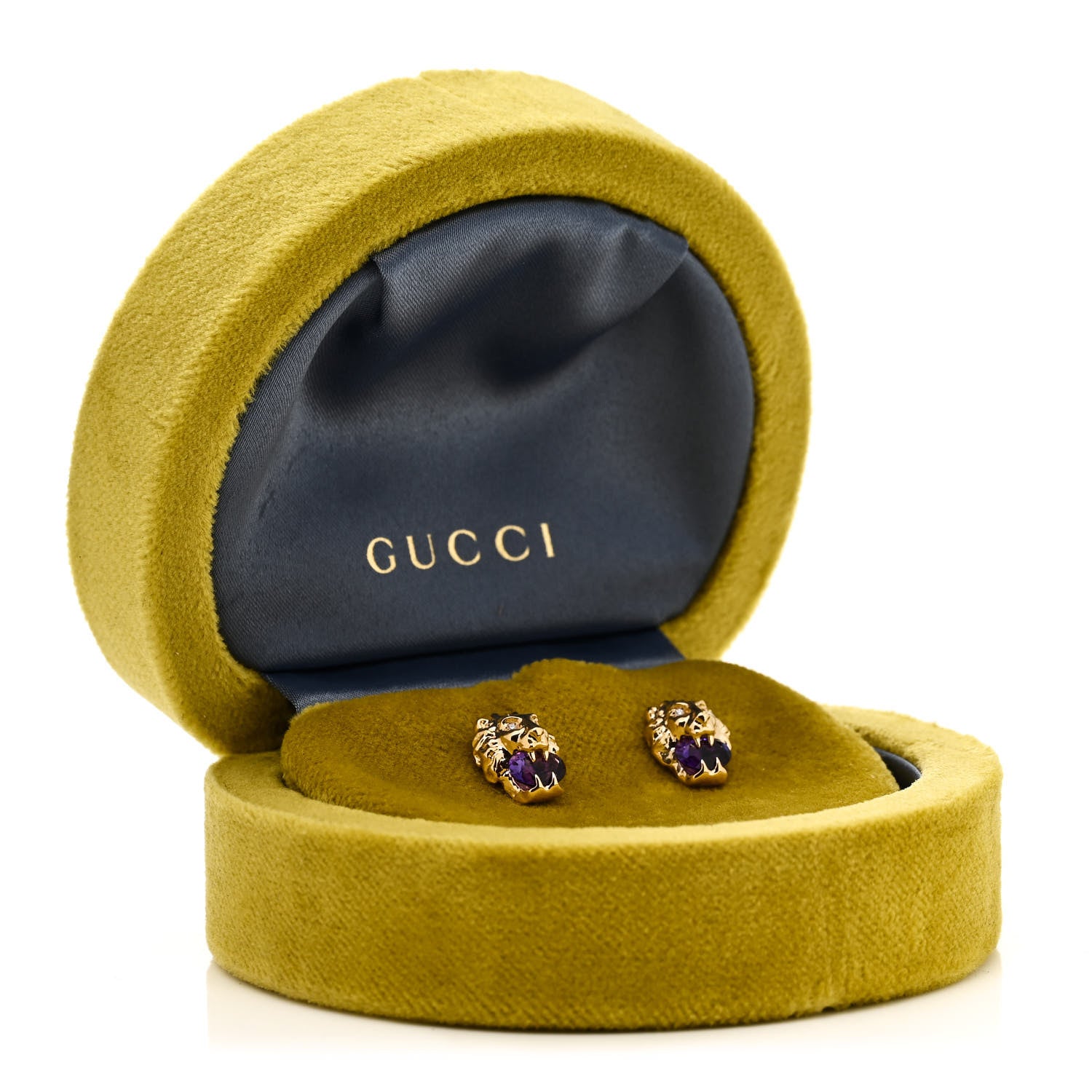Gucci 18K Yellow Gold Diamond Amethyst Lion Head Stud Earrings 6 of 6