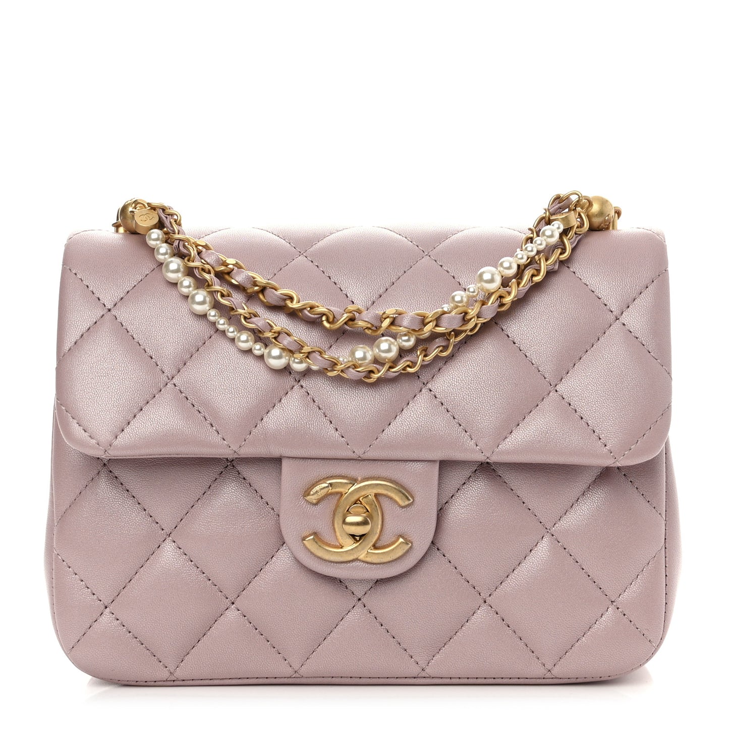 Shiny Lambskin Quilted Pearl Twist Mini Square Flap Light Pink