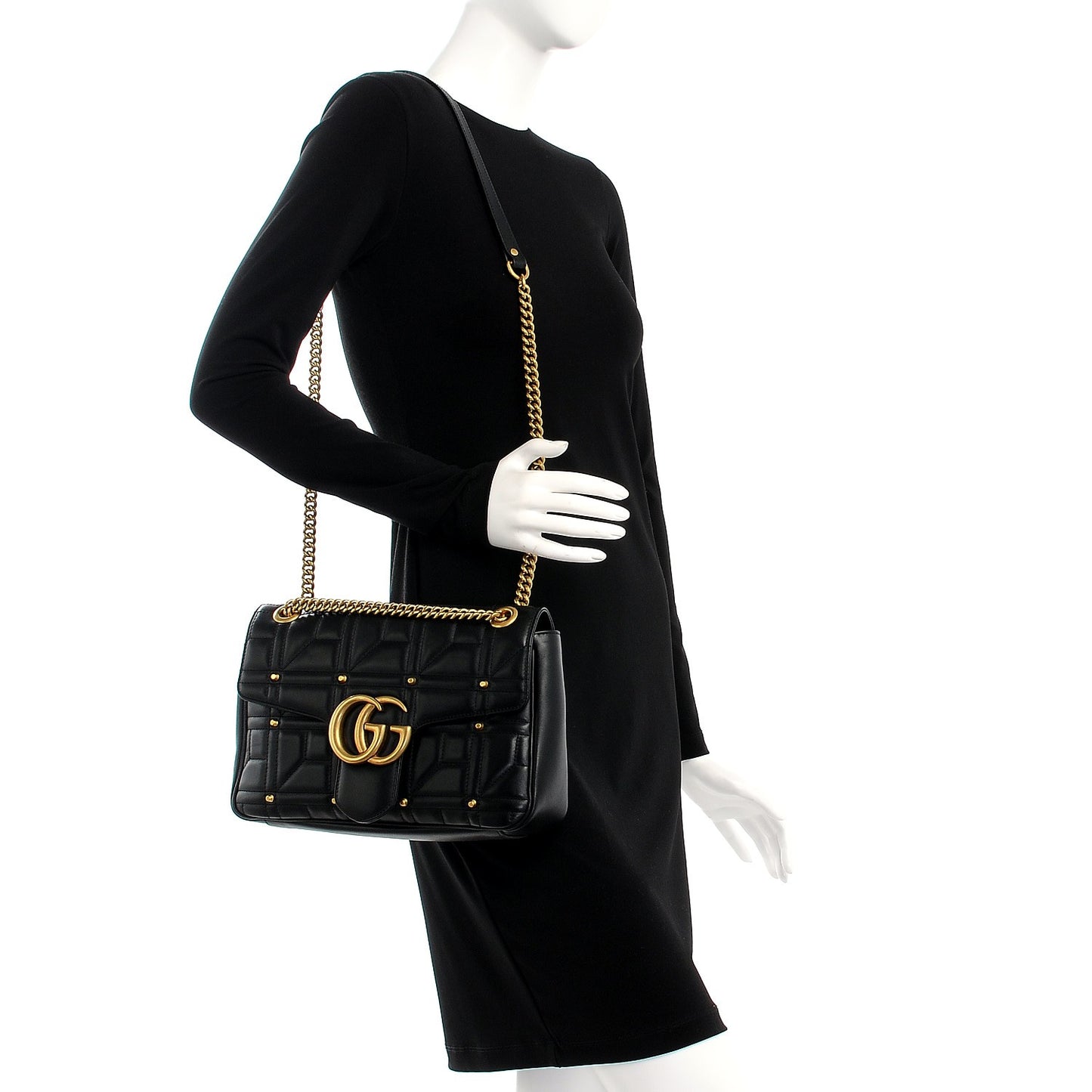 Calfskin Matelasse Studded Medium GG Marmont Shoulder Bag Black