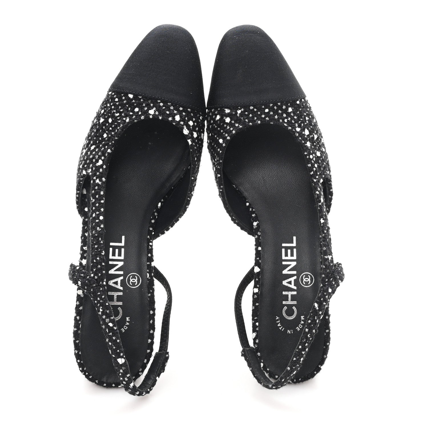 Chanel Tweed Polkadot Grosgrain Cap Toe CC Slingback Pumps 36