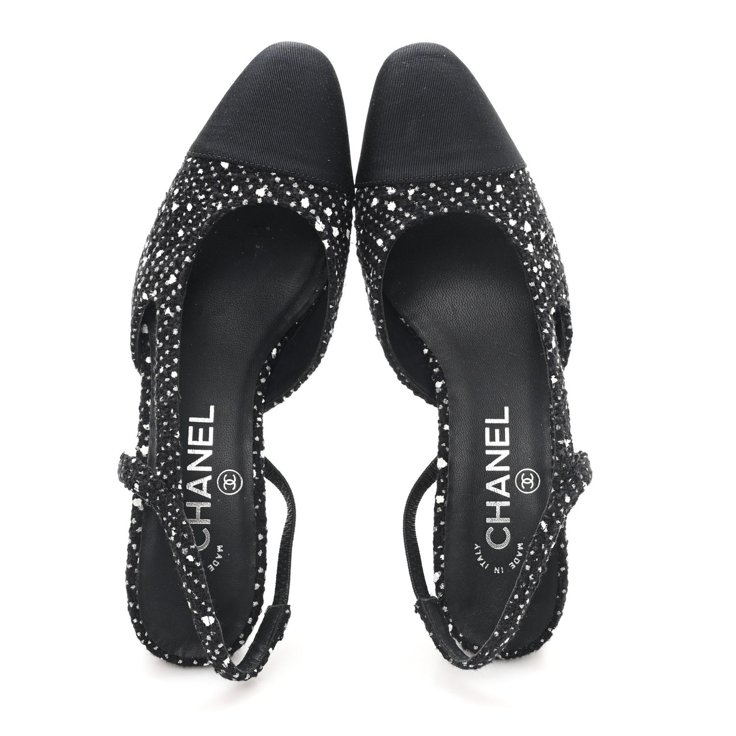 Tweed Polkadot Grosgrain Cap Toe CC Slingback Pumps 36 Black White Silver