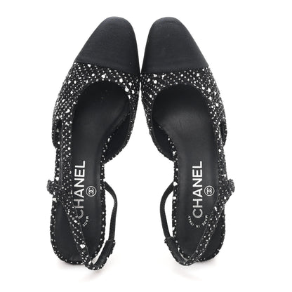Chanel Tweed Polkadot Grosgrain Cap Toe CC Slingback Pumps 36 Black White Silver 2 of 9