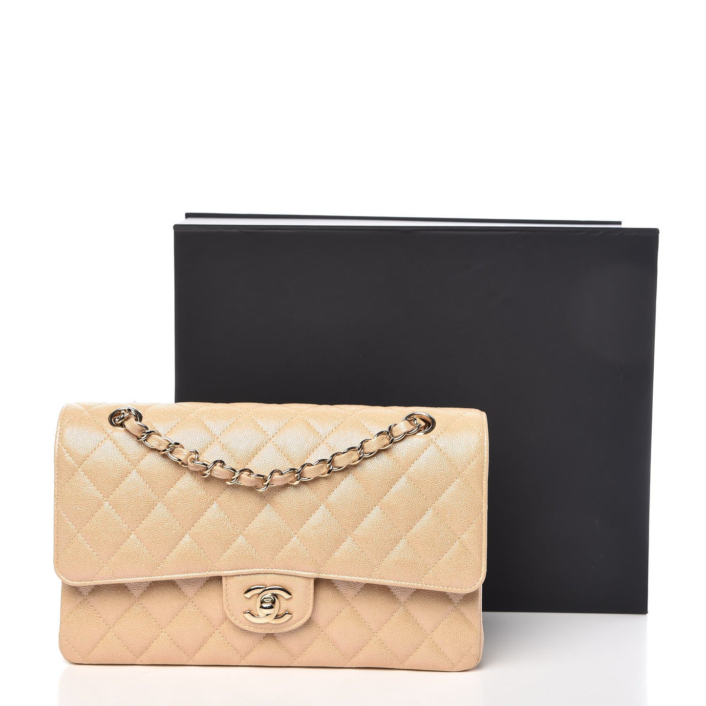 Iridescent Caviar Quilted Medium Double Flap Beige