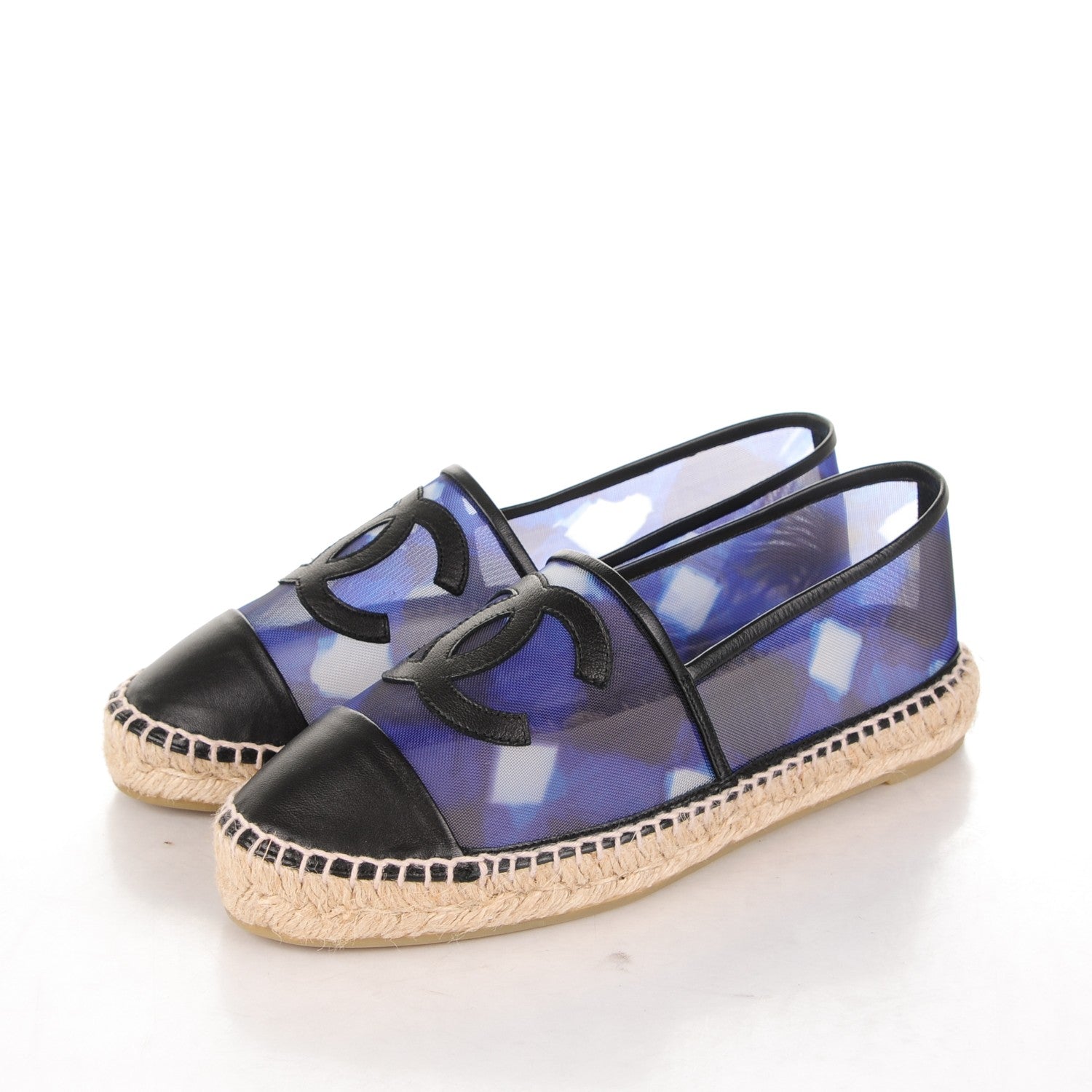 Chanel Mesh Lambskin Check Print CC Espadrilles 39 Blue Black White 3 of 7