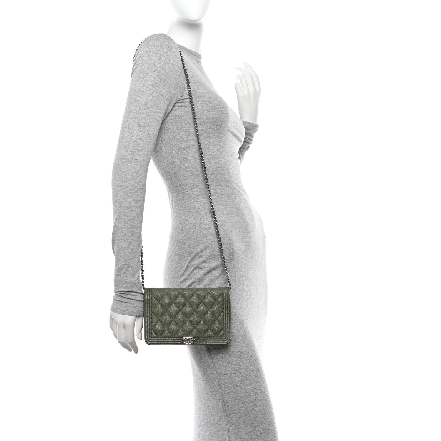 Chanel Caviar Quilted Boy Wallet On Chain WOC Khaki 2 of 15