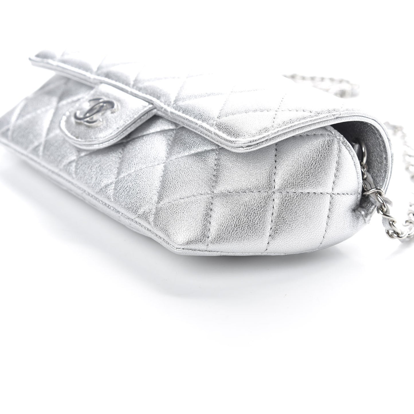 Metallic Lambskin Quilted Glasses Case With Chain Silver