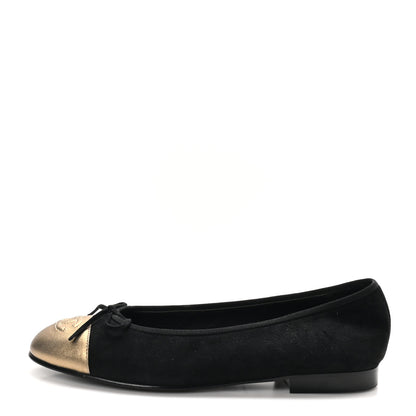 Chanel Suede Metallic Goatskin Cap Toe Ballerina Flats 38 Black Gold 1 of 10