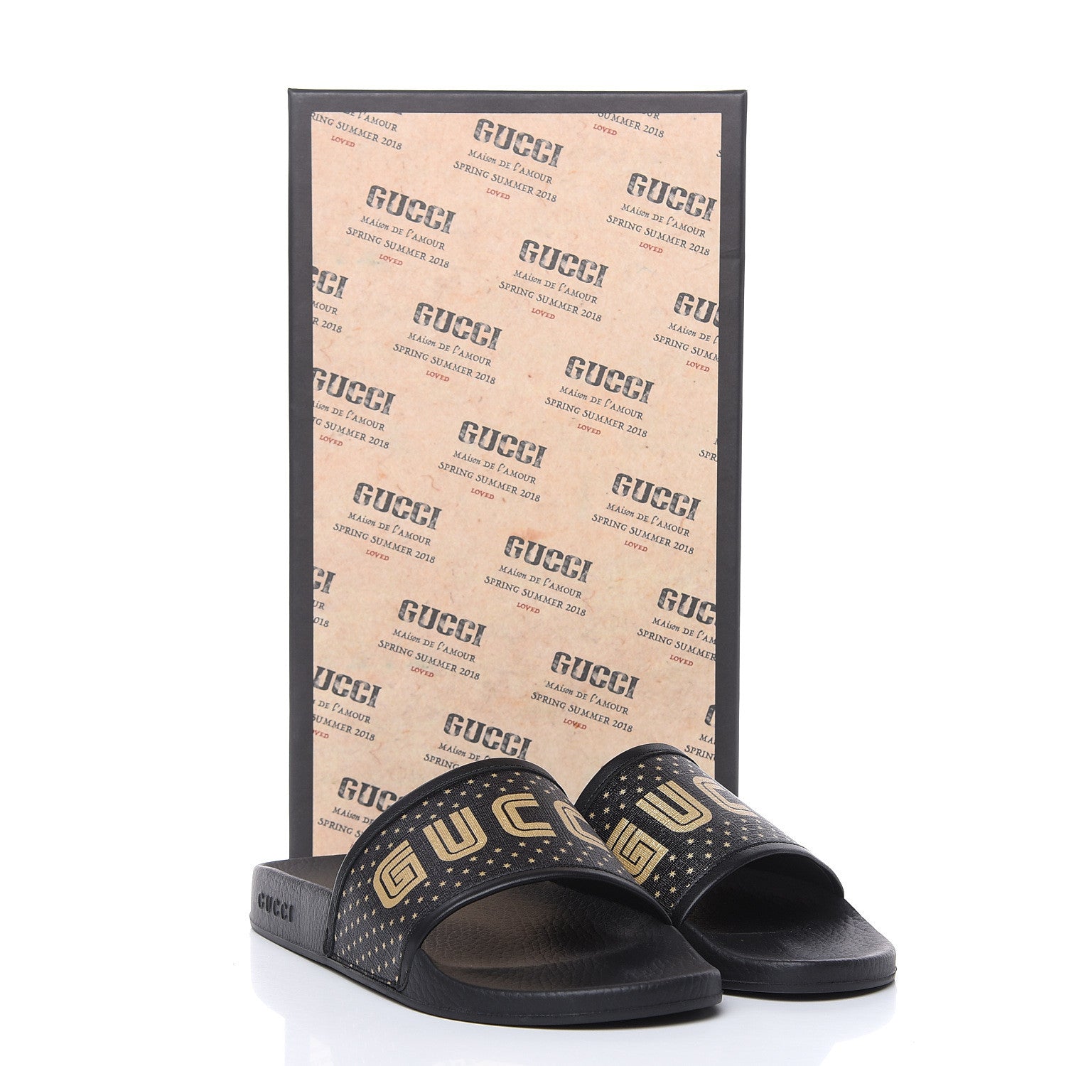 Gucci X SEGA Supreme Canvas GUCCY Stars Mens Slide Sandals 9 Black Gold 8 of 8