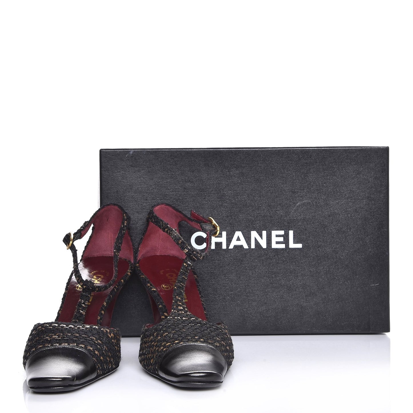 Tweed Lambskin Cap Toe T-Strap Pumps 39 Brown