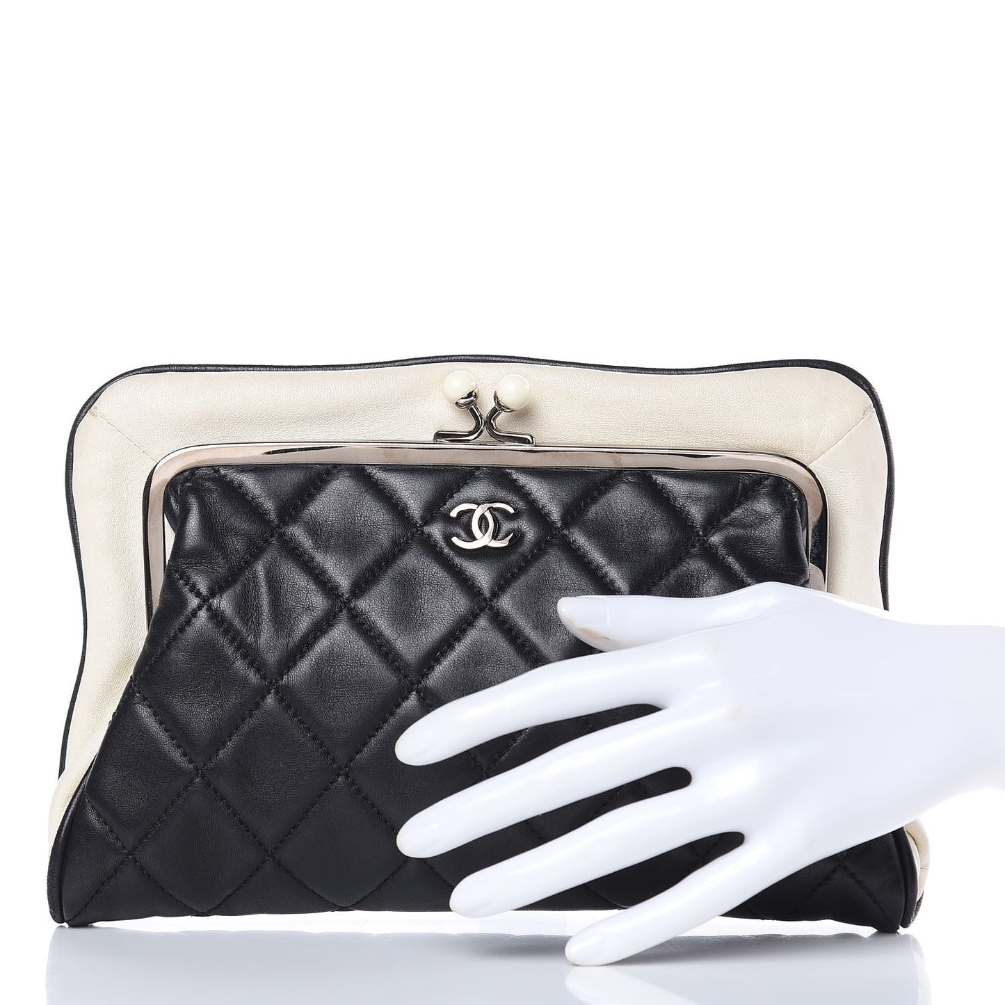 Lambskin Quilted Pearl Kiss Lock Clutch Black White