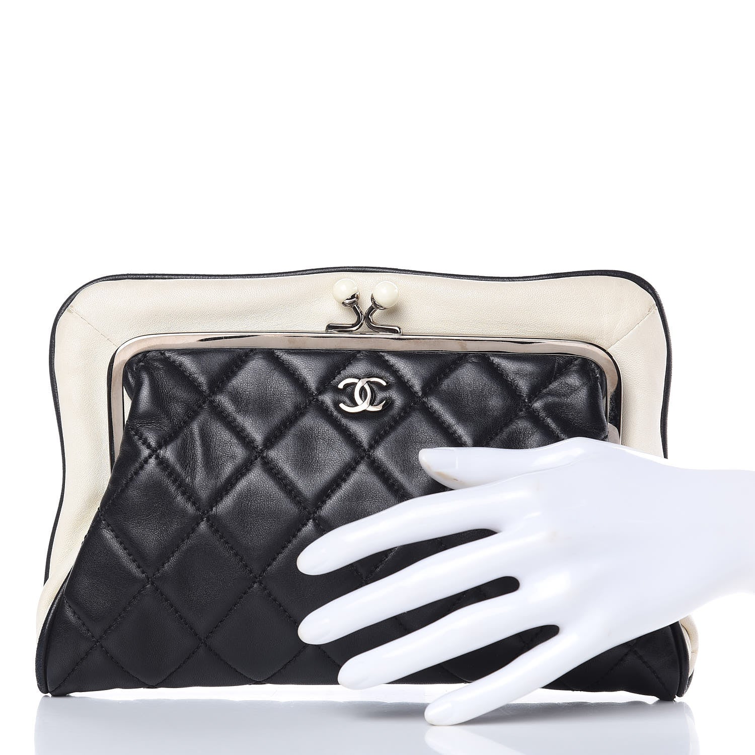 Chanel Lambskin Quilted Pearl Kiss Lock Clutch Black White 2 of 13