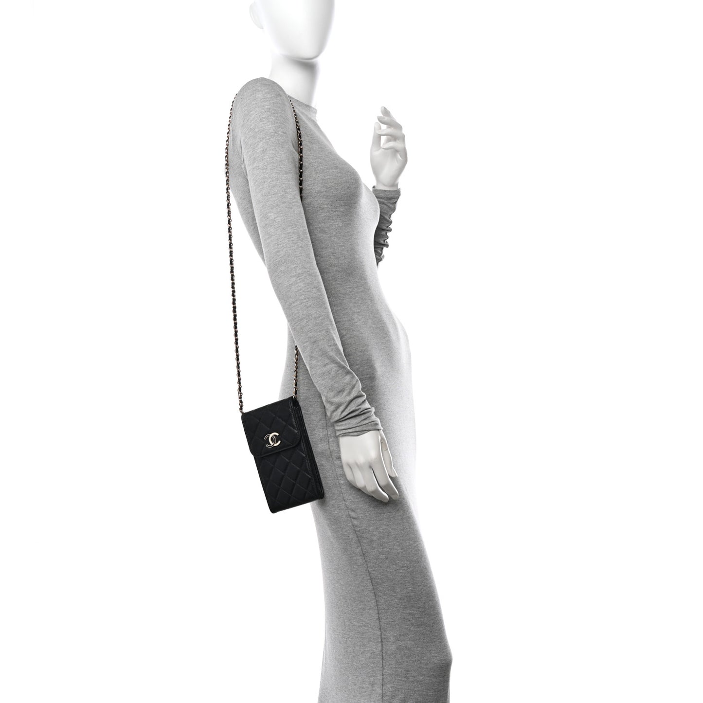 Lambskin Enamel Quilted Phone Holder With Chain Black