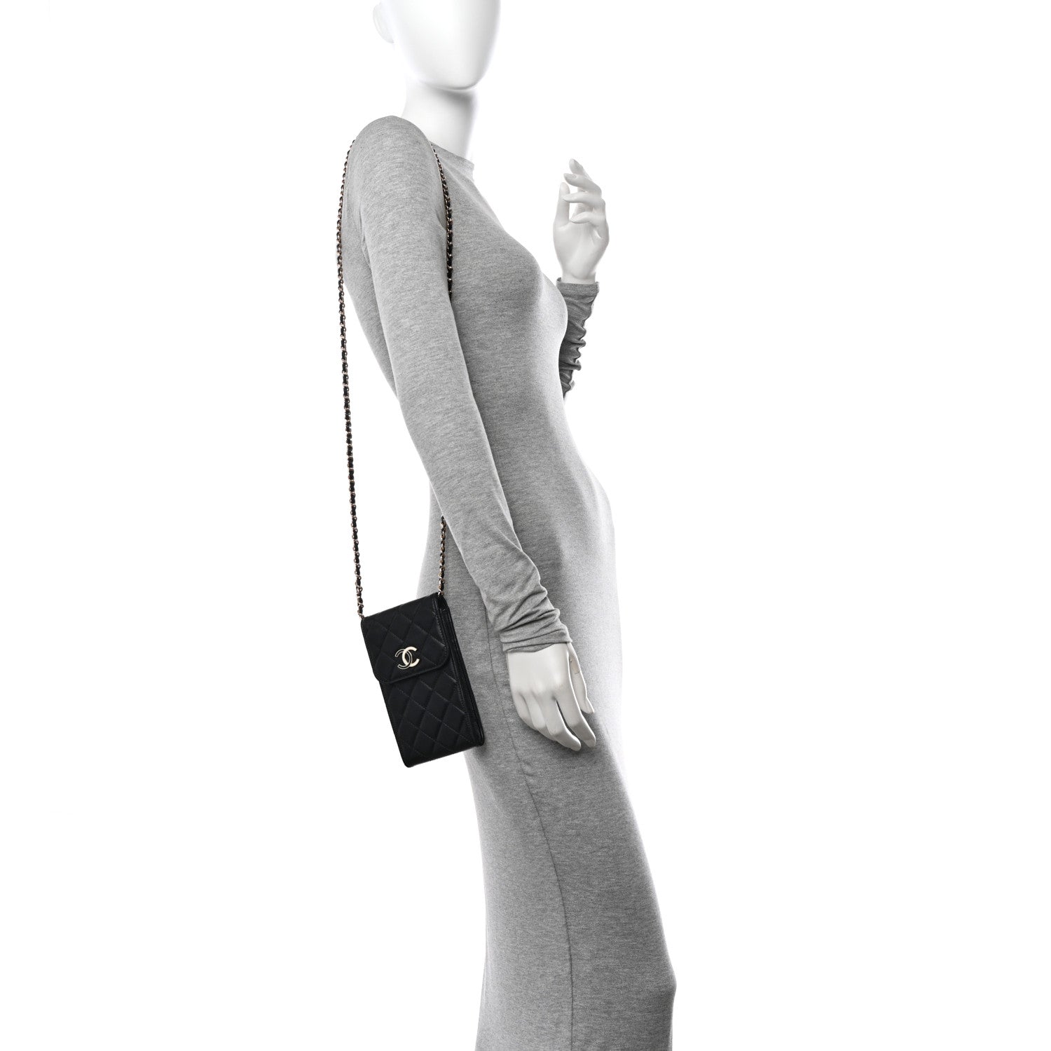 Chanel Lambskin Enamel Quilted Phone Holder With Chain Black 2 of 10