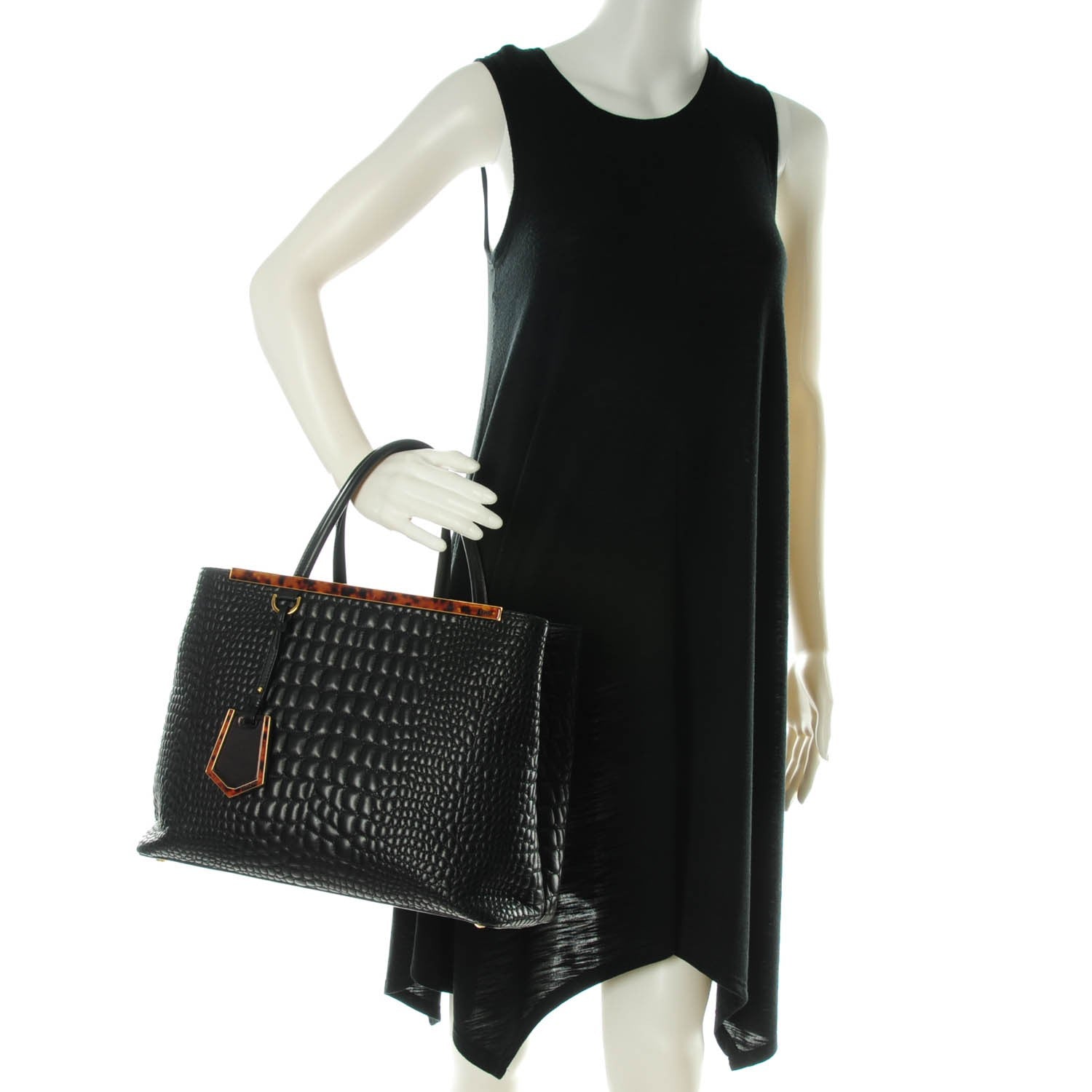 Fendi Nappa Crocodile Trapuntata Medium 2Jours Tote Black 2 of 8