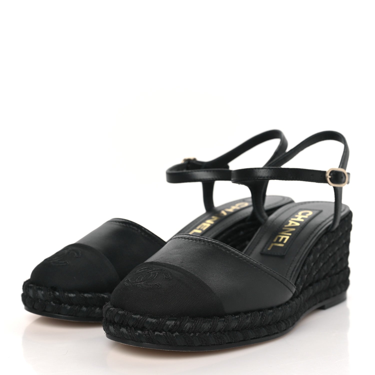 Chanel Lambskin Grosgrain CC Espadrilles Wedges 36 Black 3 of 9