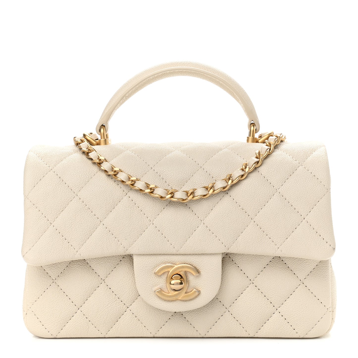 Caviar Quilted Mini Top Handle Rectangular Flap Beige