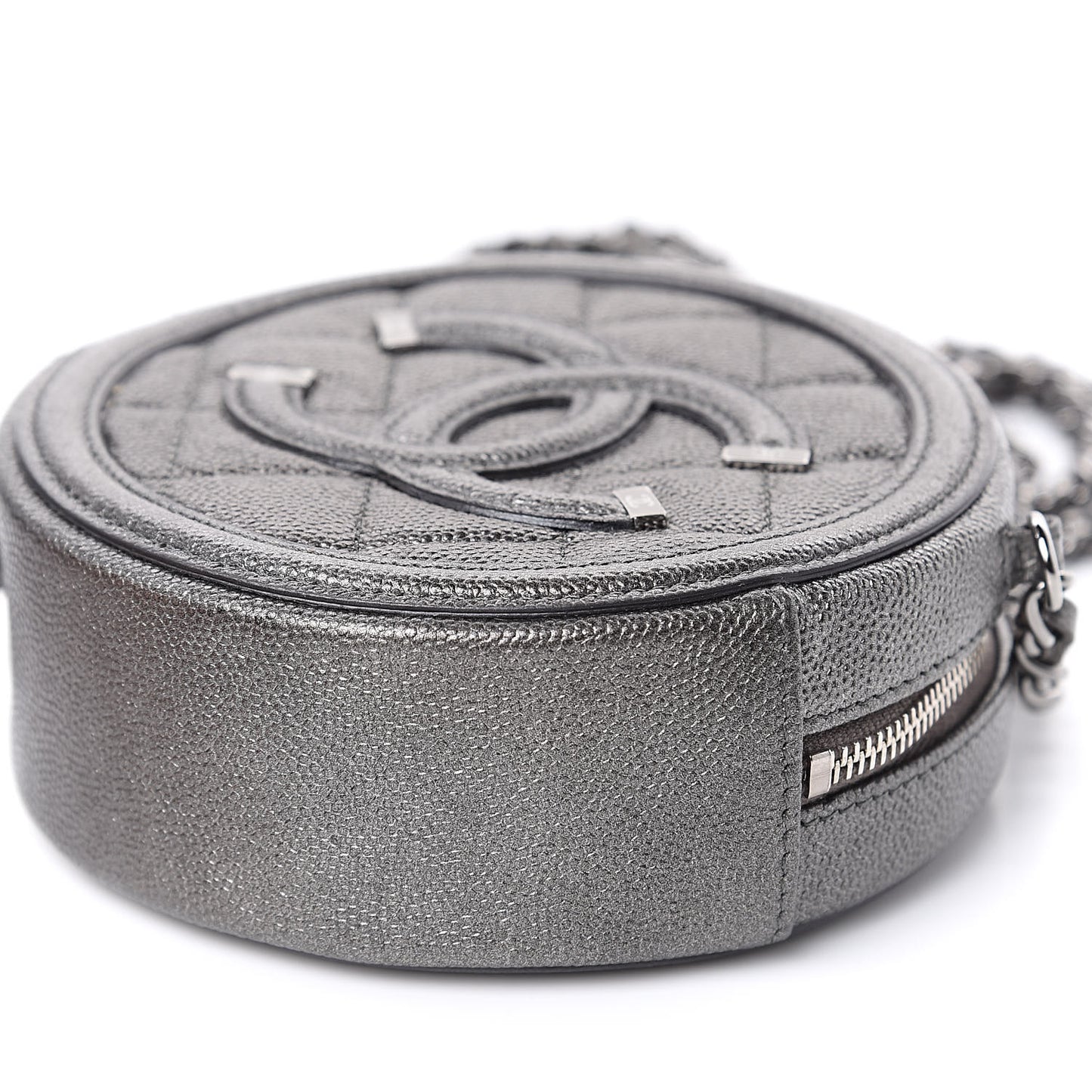 Metallic Caviar Quilted Round Filigree Crossbody Dark Silver