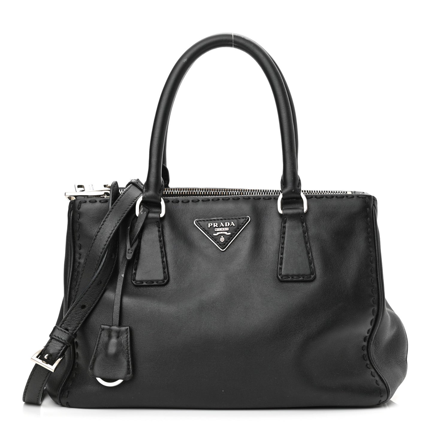 City Calf Hand Stitched Small Galleria Double Zip Tote Black