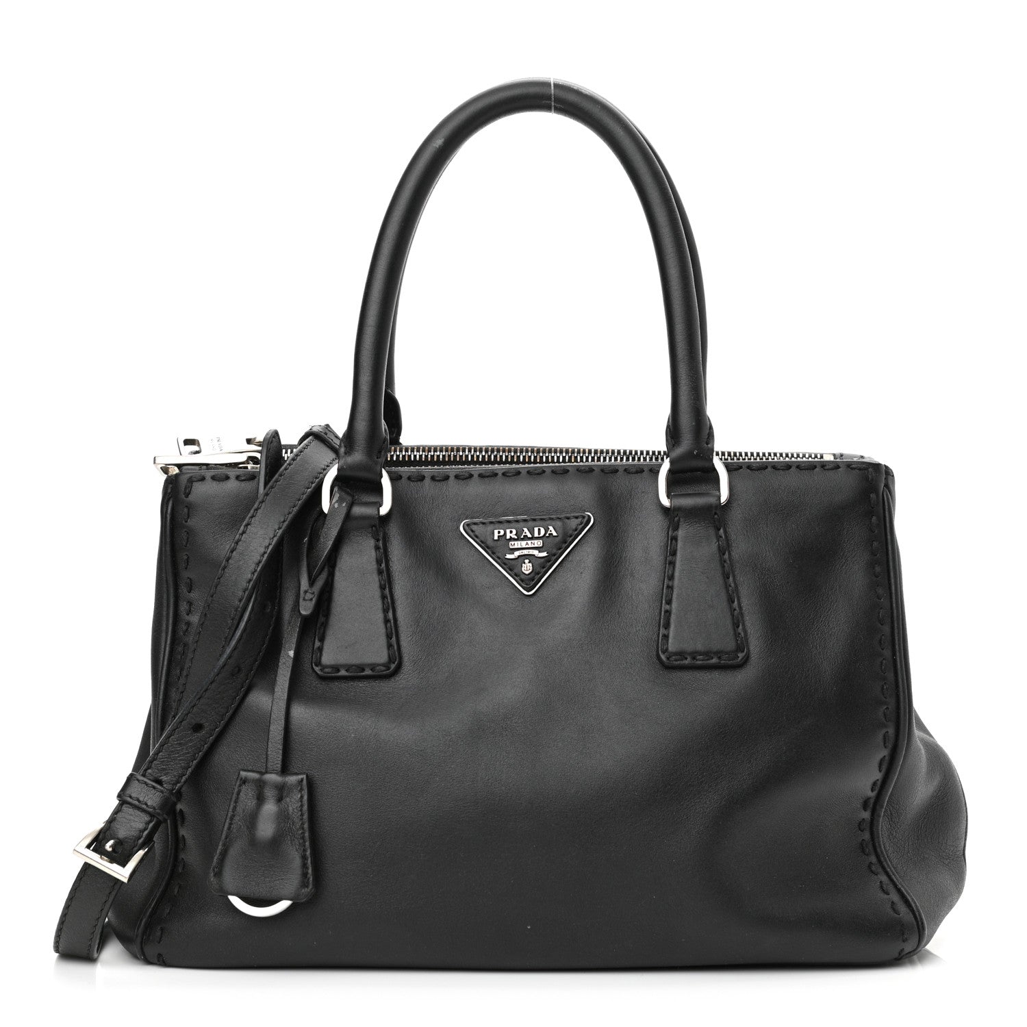 Prada City Calf Hand Stitched Small Galleria Double Zip Tote Black 1 of 12