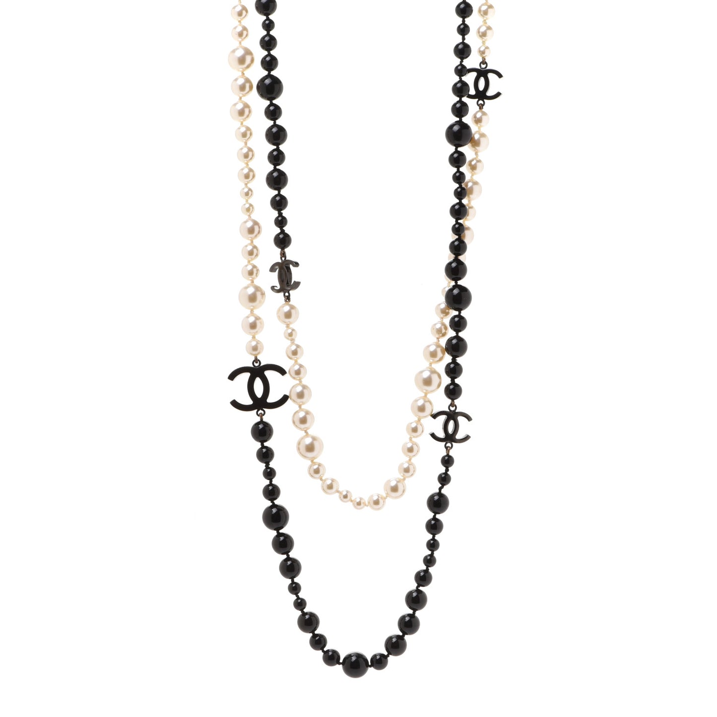 Pearl Bead CC Long Double Strand Necklace Black White