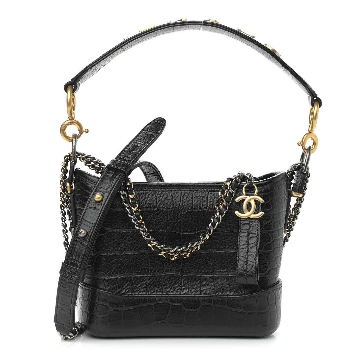 Calfskin Crocodile Embossed Small Gabrielle Cocodile Hobo Black