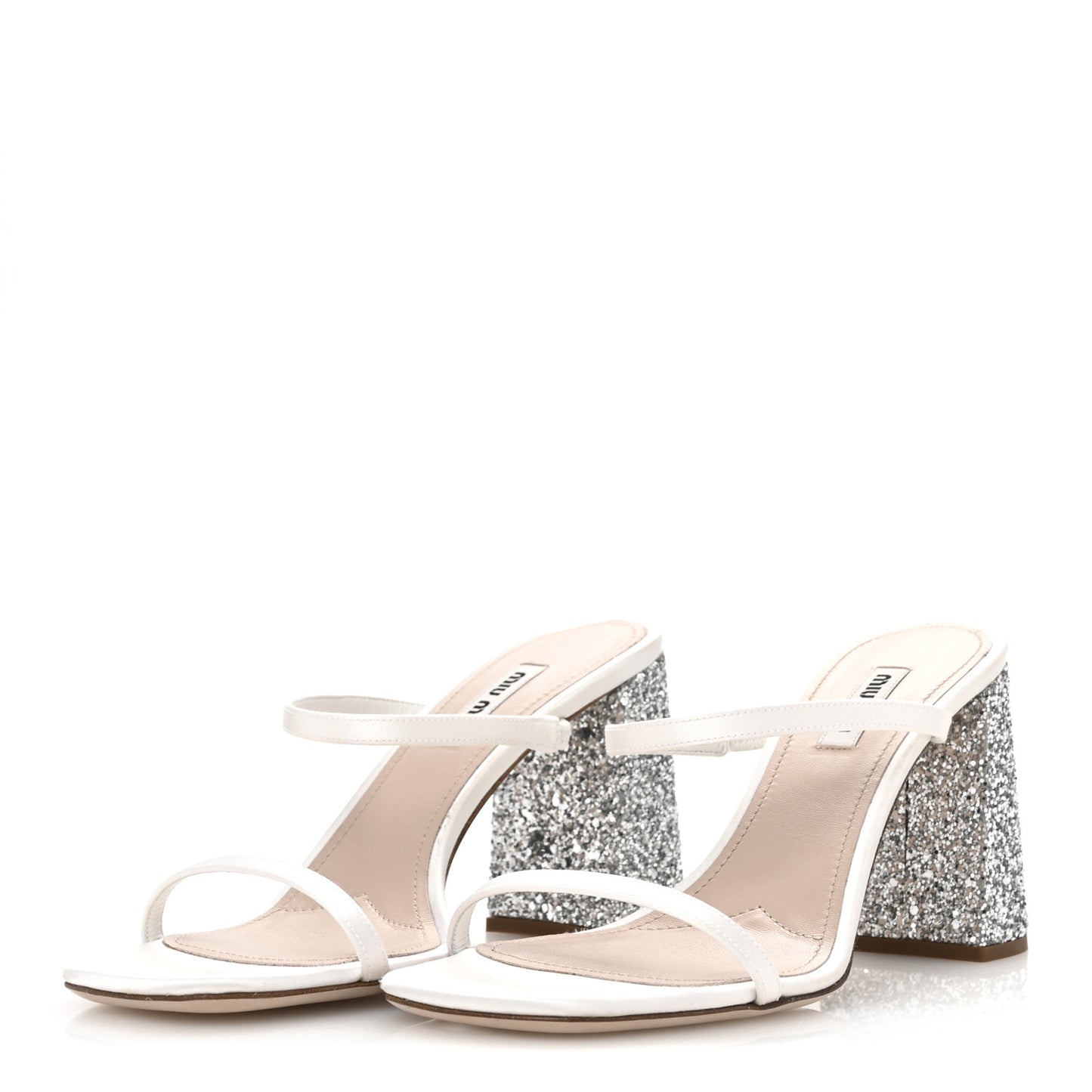 Satin Raso Glitter Block Heel Sandals 38 White Argento