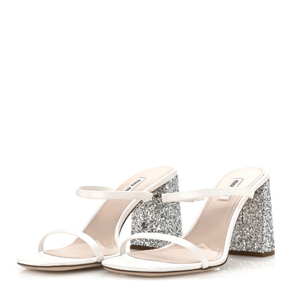 Miu Miu Satin Raso Glitter Block Heel Sandals 38 White Argento 4 of 10