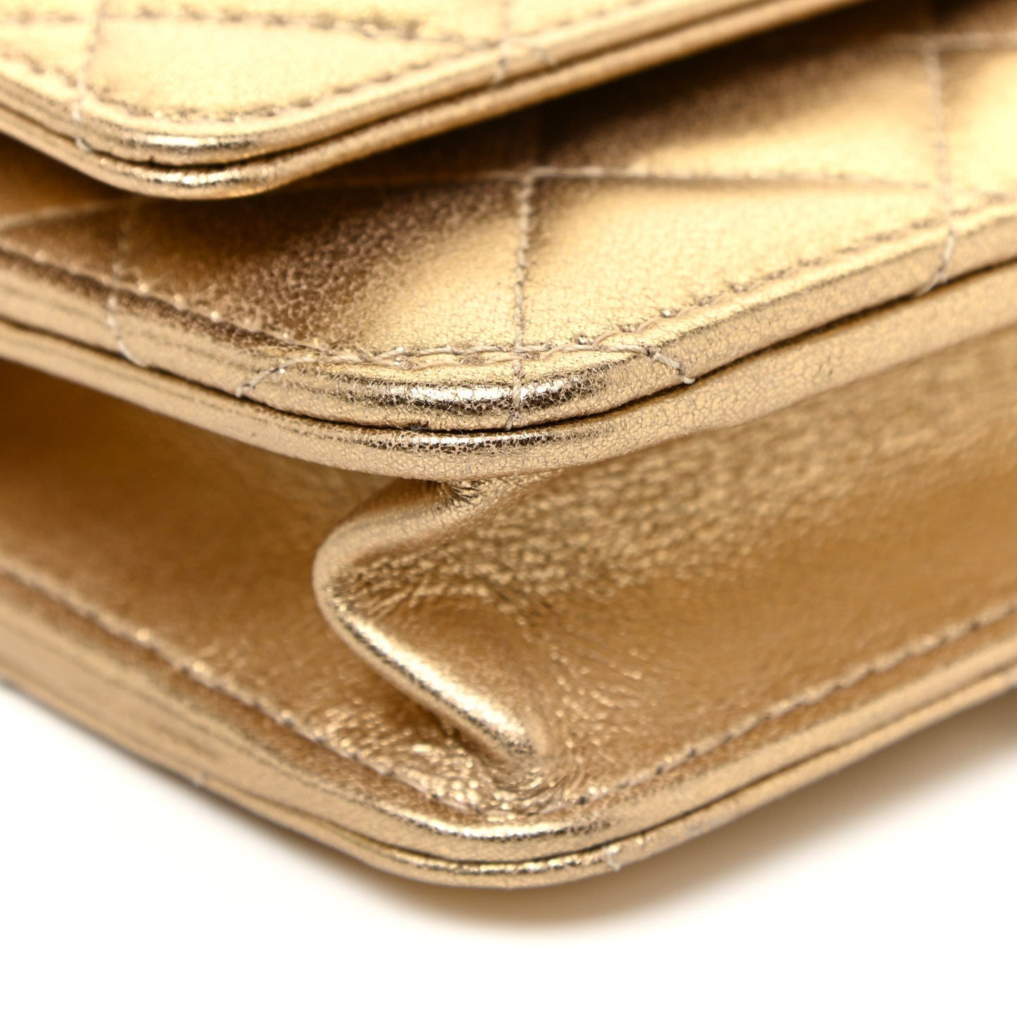 Metallic Lambskin Quilted Wallet On Chain WOC Gold