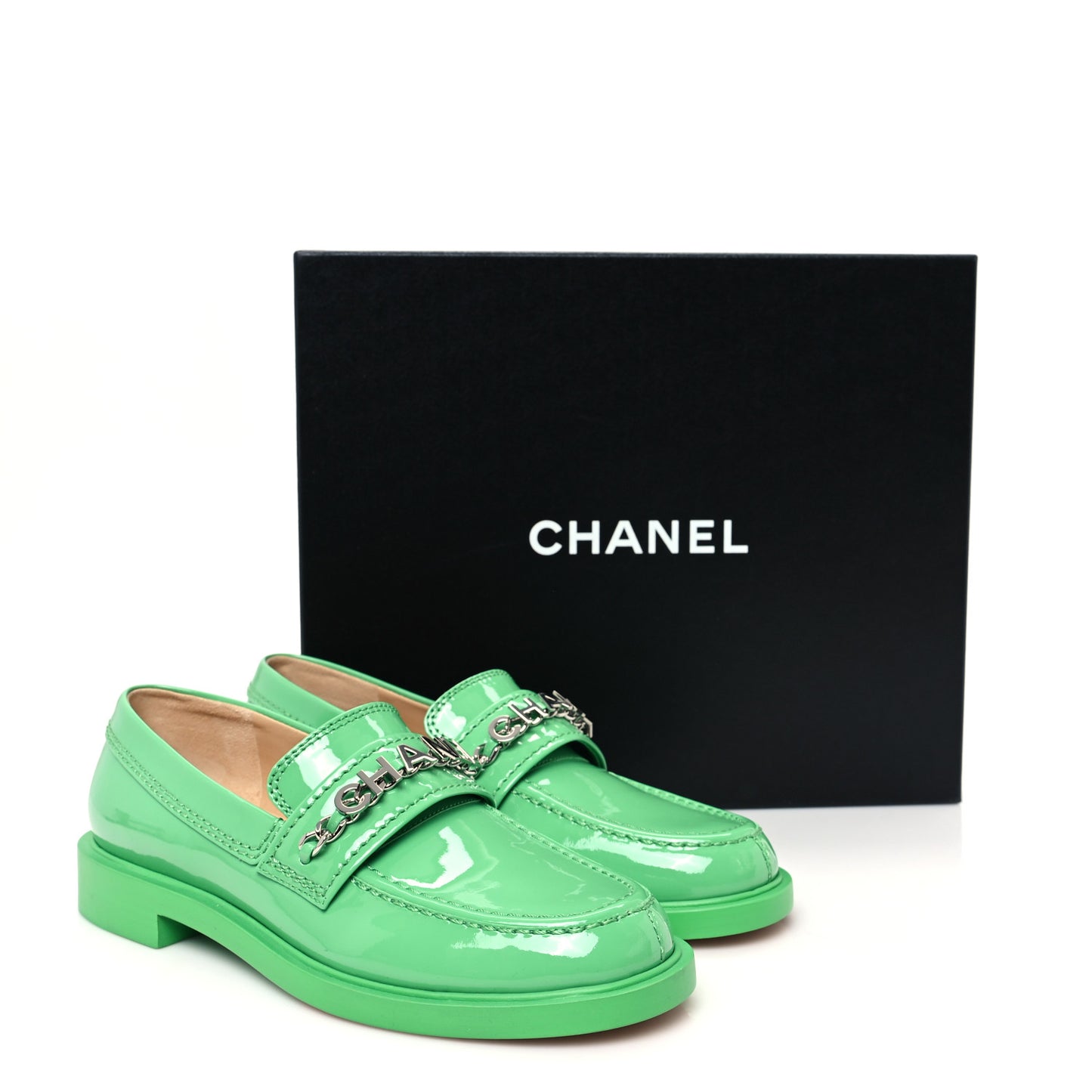 Patent Calfskin Logo Loafers 37 Green