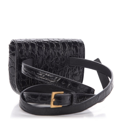 Saint Laurent Shiny Calfskin Crocodile Embossed Monogram Kaia Belt Bag Black 3 of 9