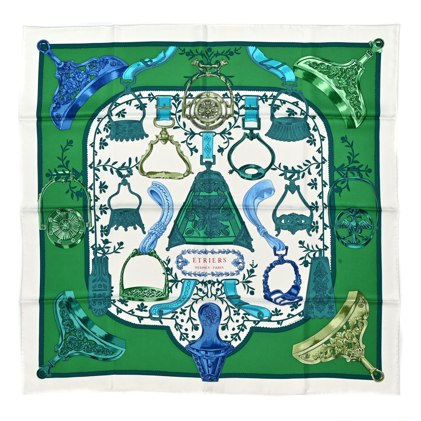 Silk Etriers Scarf 90 Vert White Turquoise