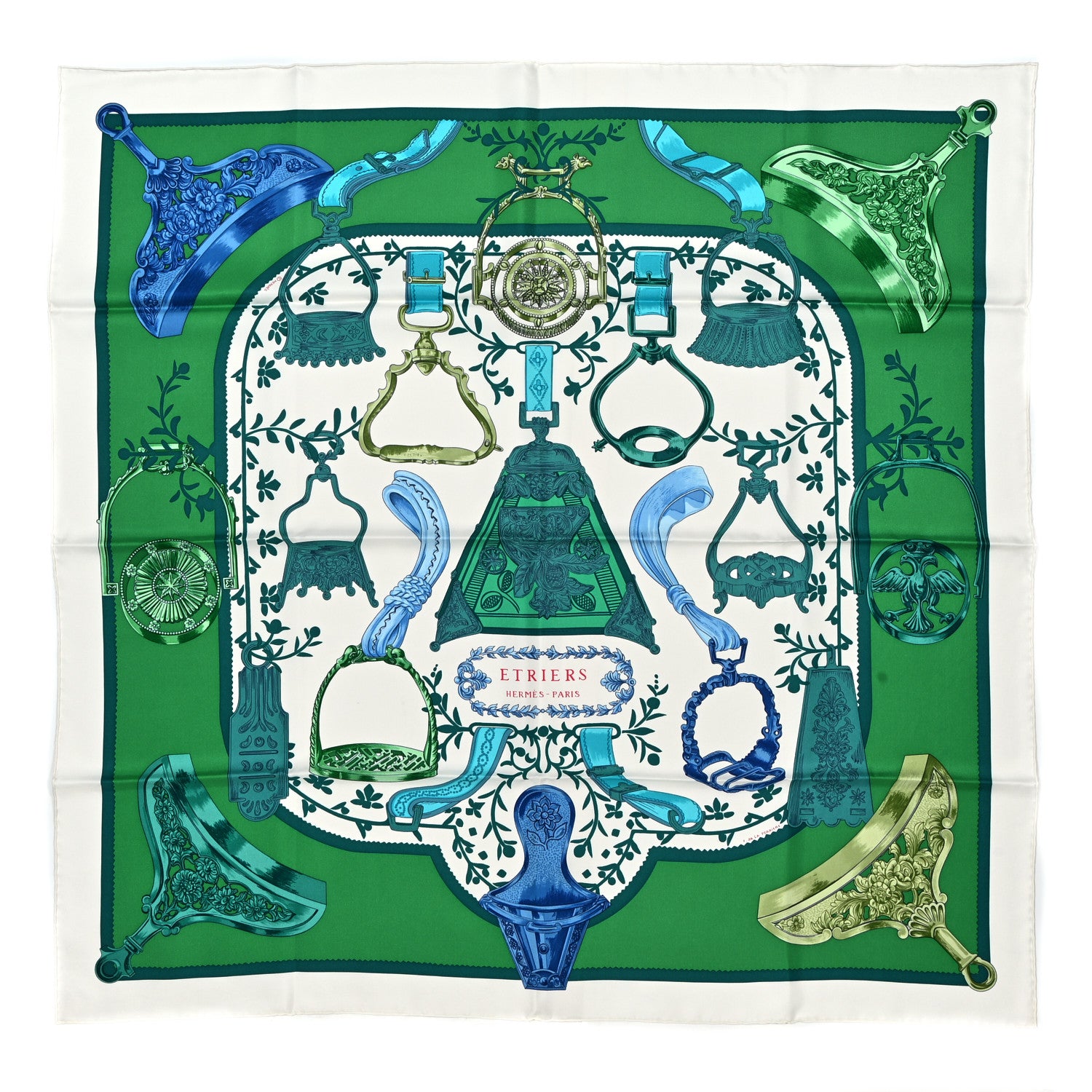 Hermes Silk Etriers Scarf 90 Vert White Turquoise 1 of 4