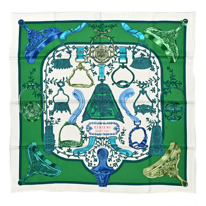 Hermes Silk Etriers Scarf 90 Vert White Turquoise 1 of 4