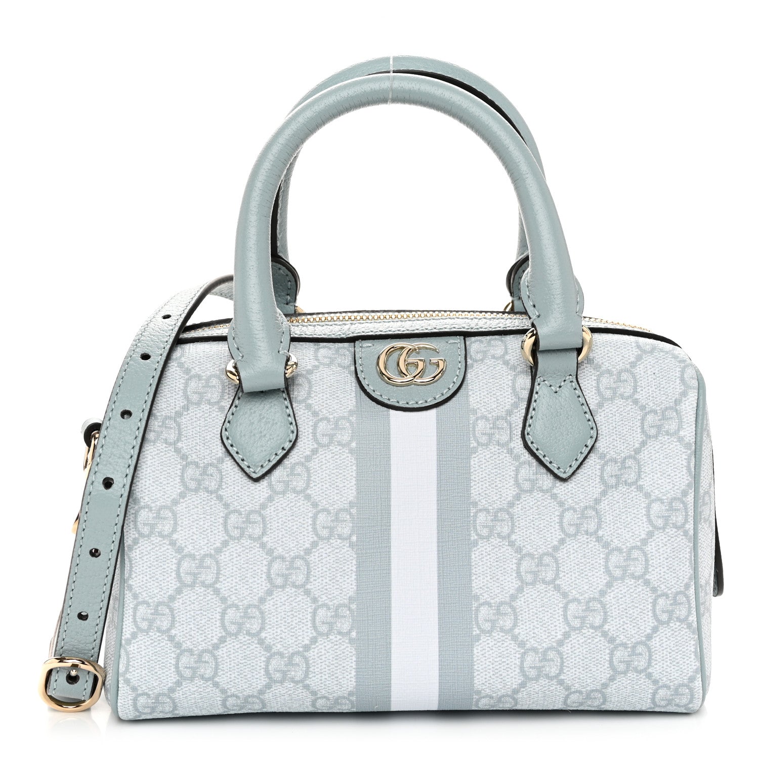 Gucci GG Supreme Monogram Textured Dollar Calfskin Web Mini Ophidia Top Handle Bag Dusty Blue 1 of 10