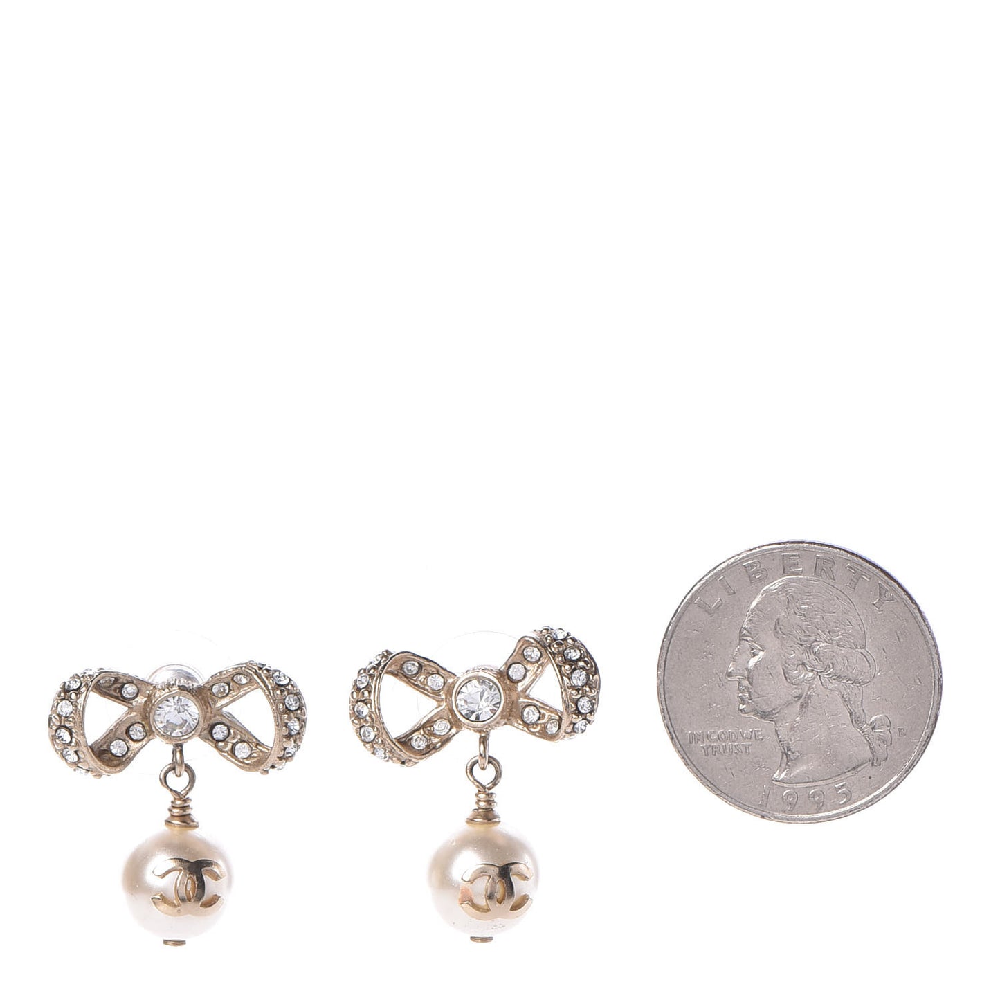 Crystal Pearl CC Bow Drop Earrings Gold