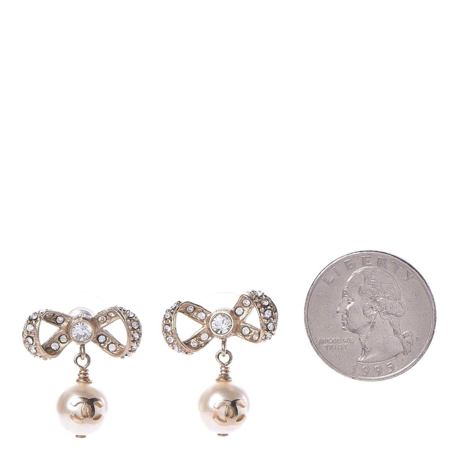 Chanel Crystal Pearl CC Bow Drop Earrings Gold 2 of 3