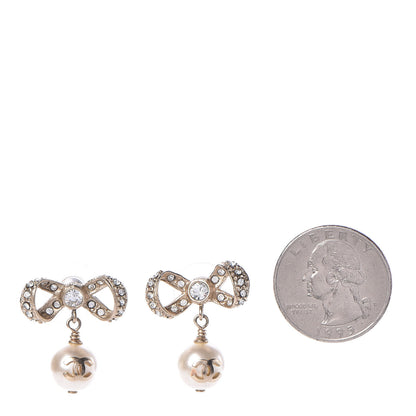 Chanel Crystal Pearl CC Bow Drop Earrings Gold 2 of 3