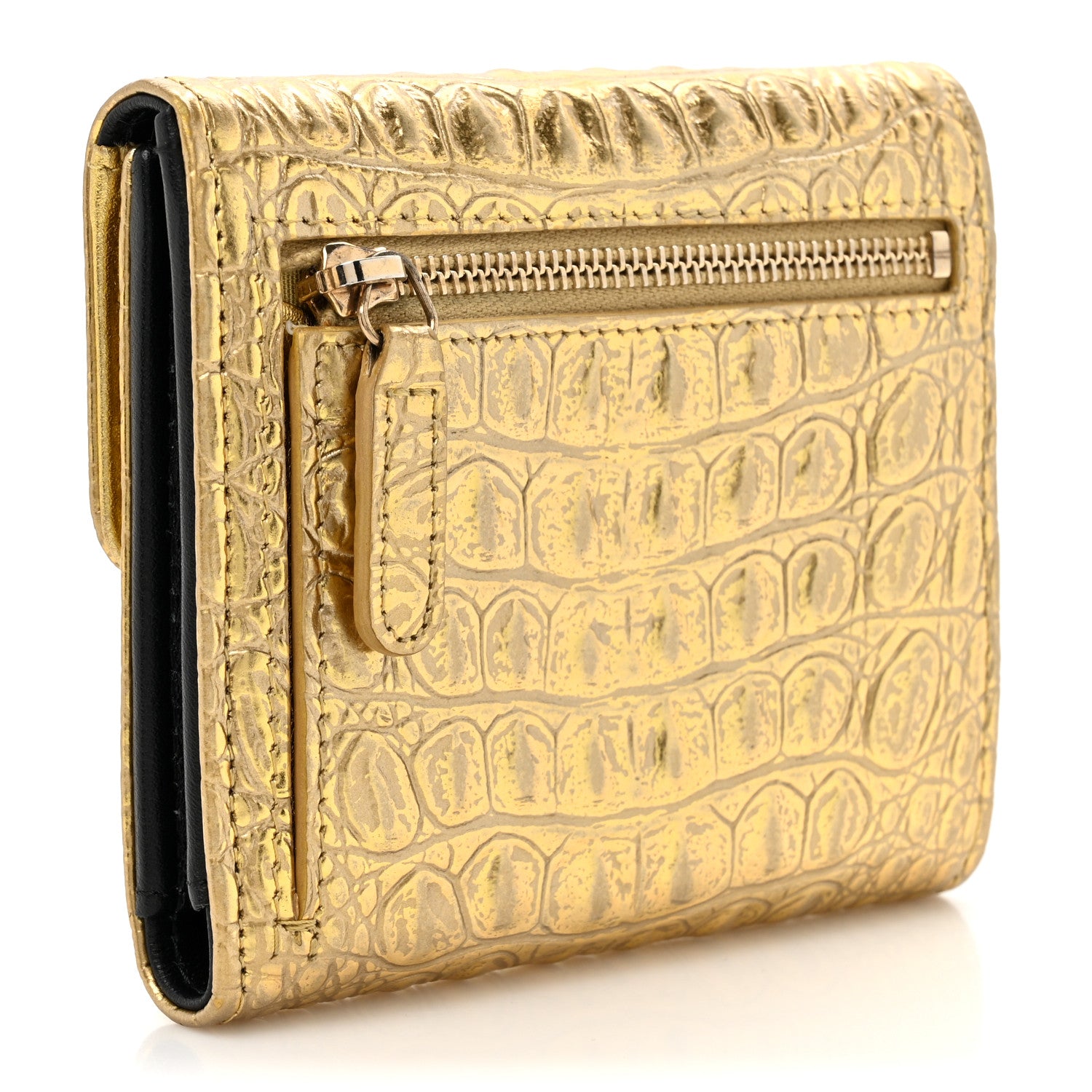 Chanel Metallic Calfskin Crocodile Embossed Cocodile Compact Flap Wallet Gold 3 of 8