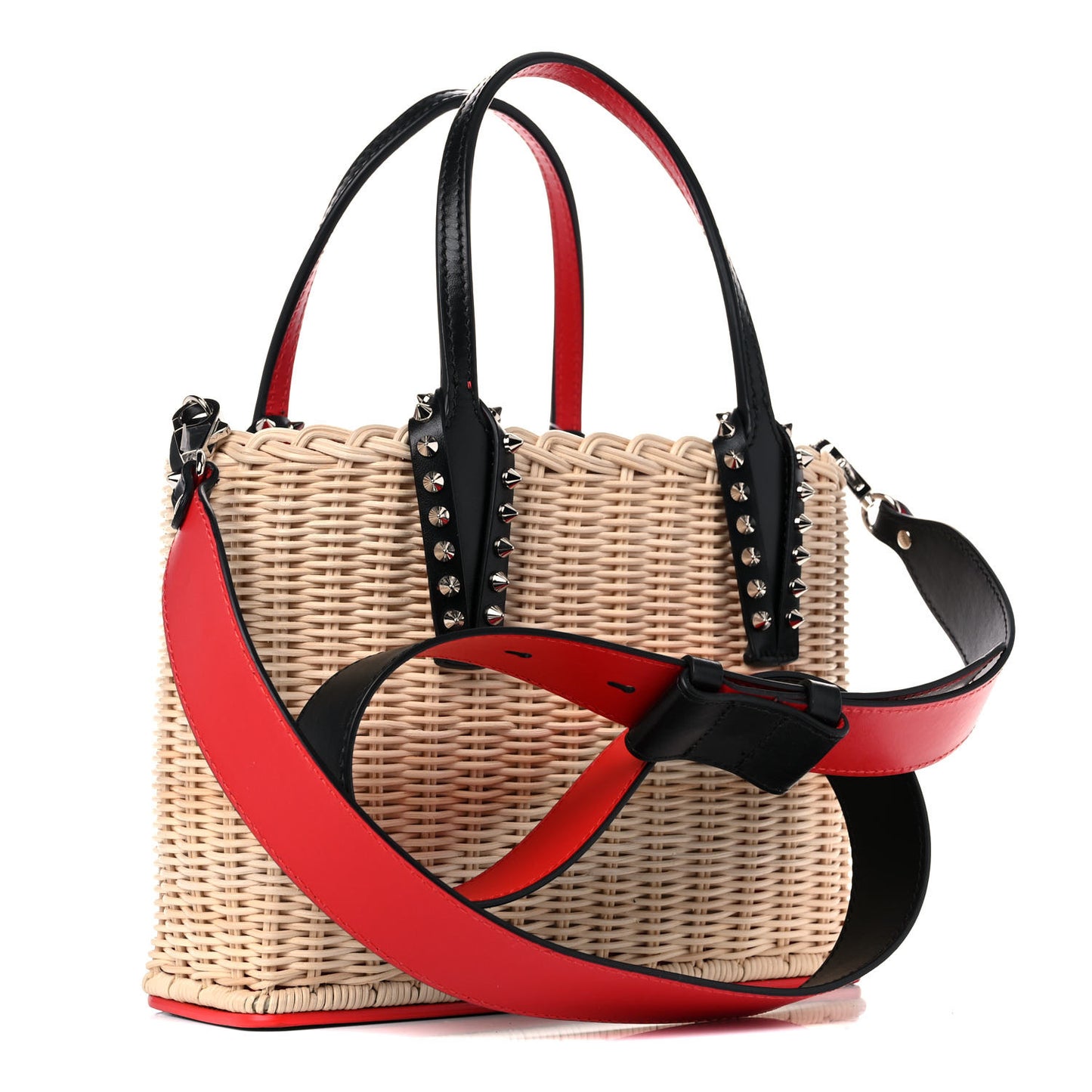 Raffia Calfskin Cabata Mini Spiked Tote Beige
