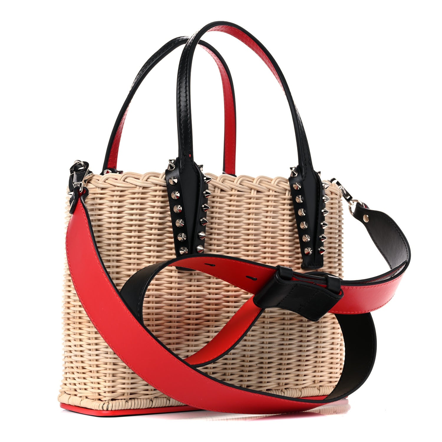 Christian Louboutin Raffia Calfskin Cabata Mini Spiked Tote Beige 3 of 13