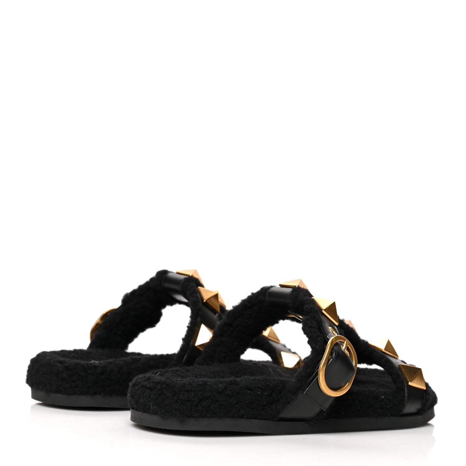 Valentino Garavani Shearling Roman Stud 5mm Slide Sandals 37 Black 4 of 8