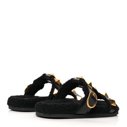 Valentino Garavani Shearling Roman Stud 5mm Slide Sandals 37 Black 4 of 8