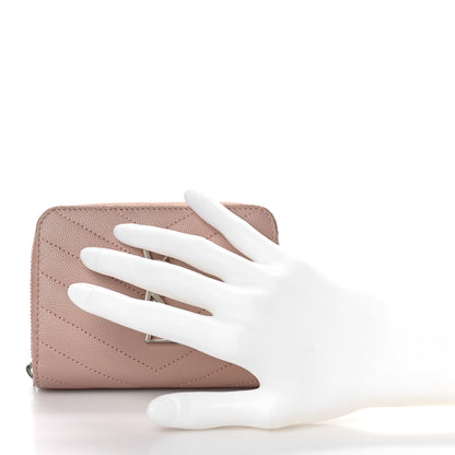 Saint Laurent Grain De Poudre Matelasse Chevron Monogram Compact Zip Around Wallet Pink 2 of 10