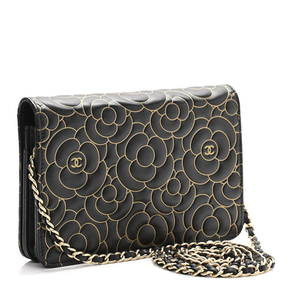 Chanel Lambskin Camellia Embossed Wallet On Chain WOC Black Gold 2 of 13