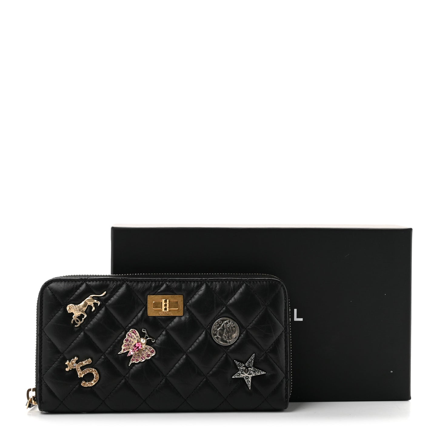 Aged Calfskin Quilted Lucky Charms 2.55 Reissue Zip Around Wallet Black