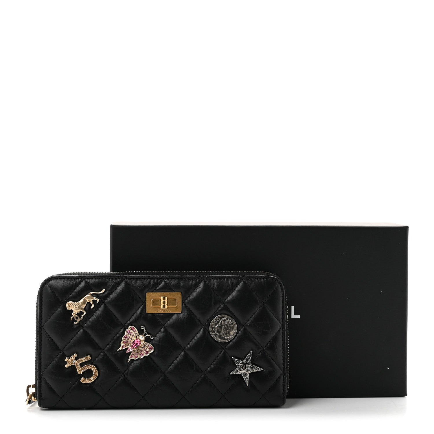 Chanel Aged Calfskin Quilted Lucky Charms 2.55 Reissue Zip Around Wallet Black 9 of 9
