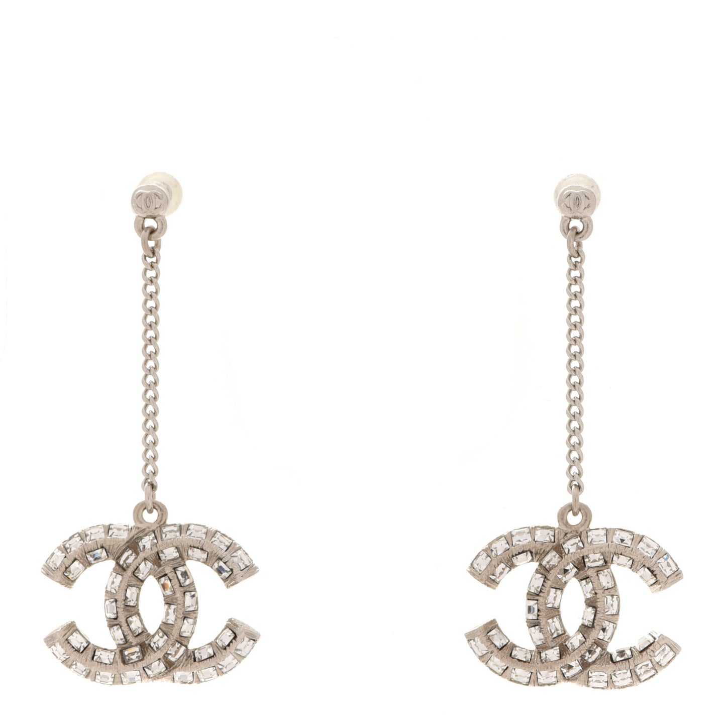 Baguette Crystal CC Drop Earrings Silver