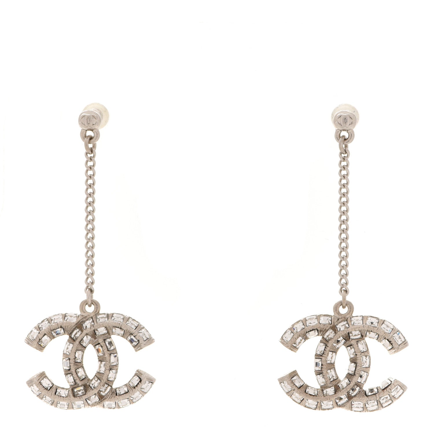 Chanel Baguette Crystal CC Drop Earrings Silver 1 of 5