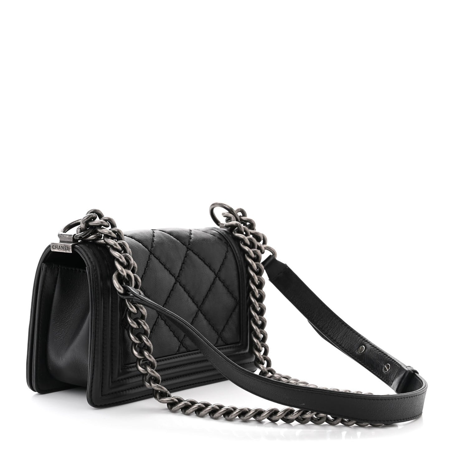 Calfskin Double Stitch Small Boy Flap Black